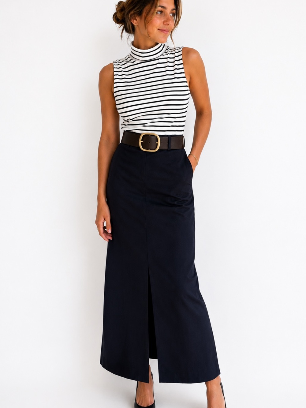 LOFT Black White Striped Mock Neck Sleeveless Rib Knit Top M